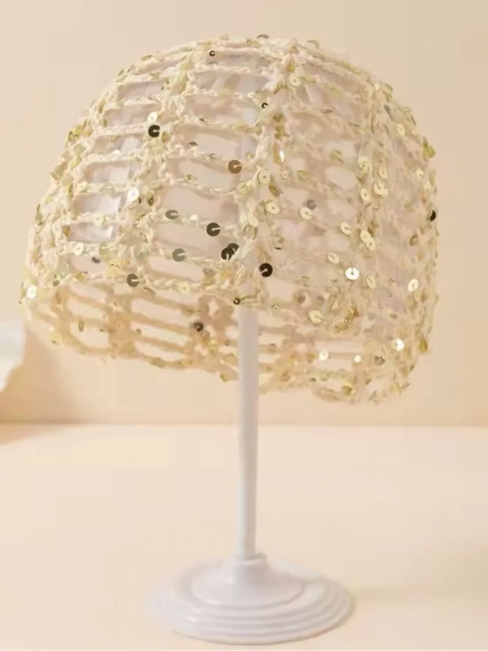 Sequin Crochet Beanie Hat - Beige